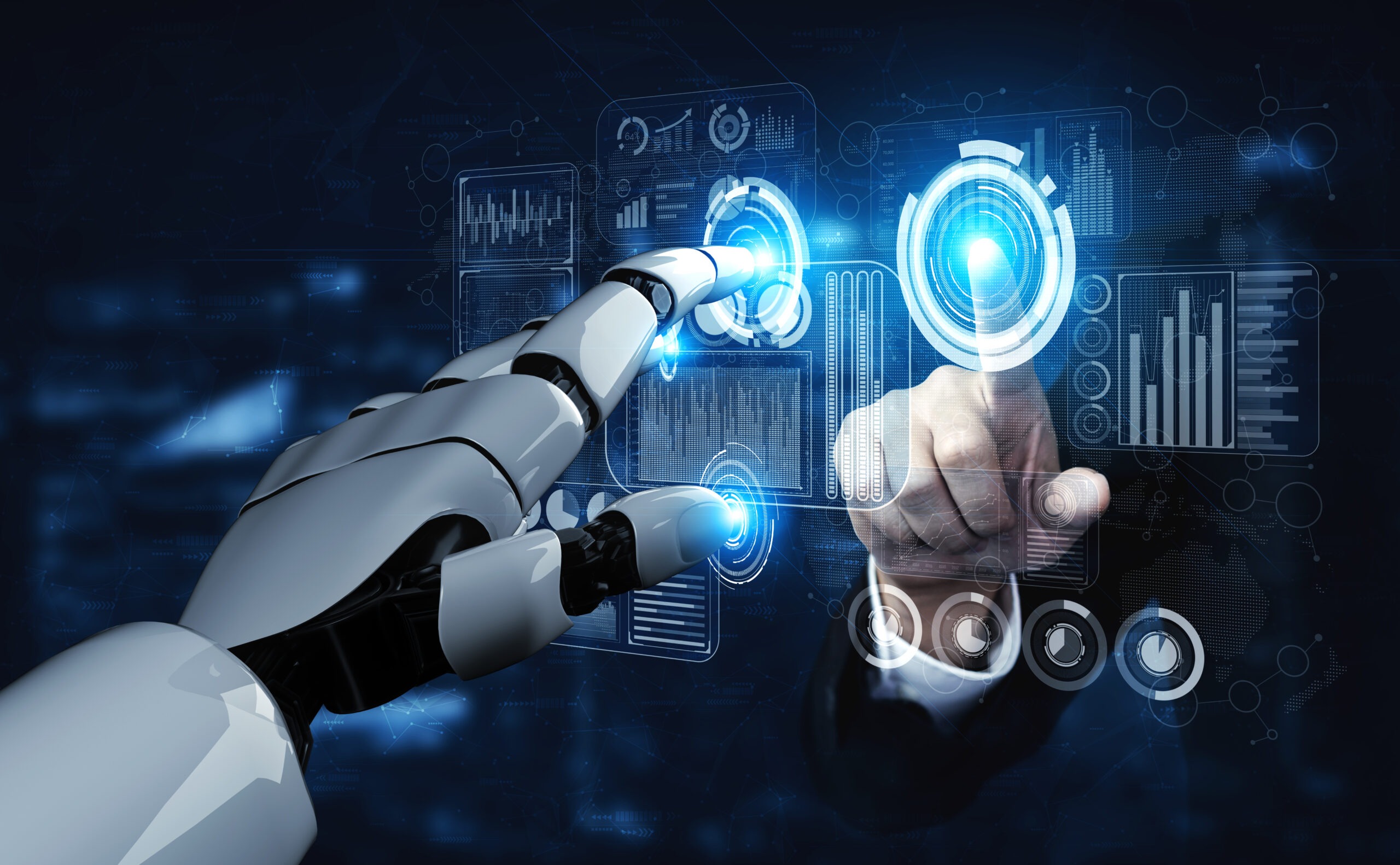 A robotic hand and a human finger interact with a glowing digital interface displaying graphs and data, symbolizing human-technology collaboration.