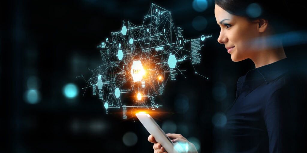 A woman examines a digital interface with network connections and icons, symbolizing teamwork and connectivity in technology.